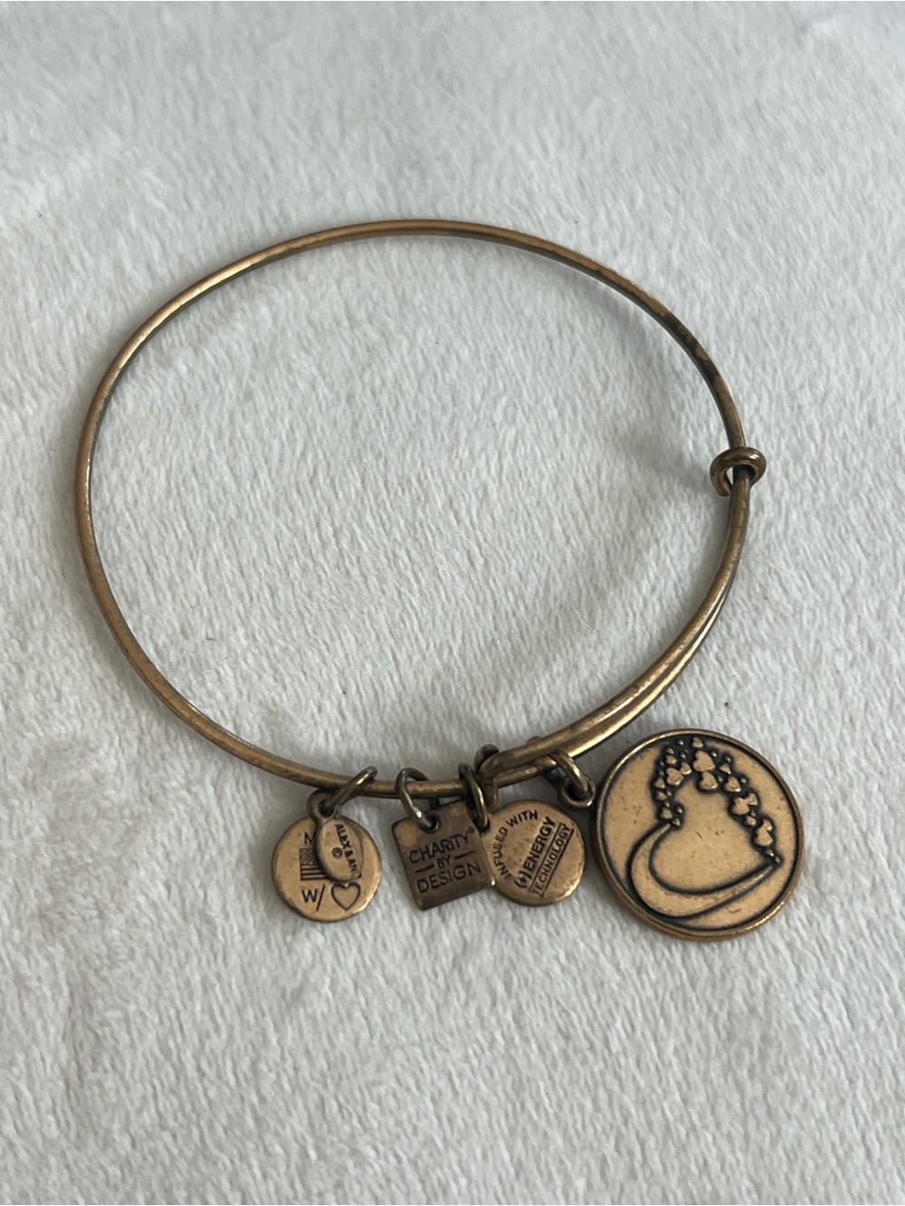 Alex and Ani Bronze Charm Bangle with Heart and Disc Charms
